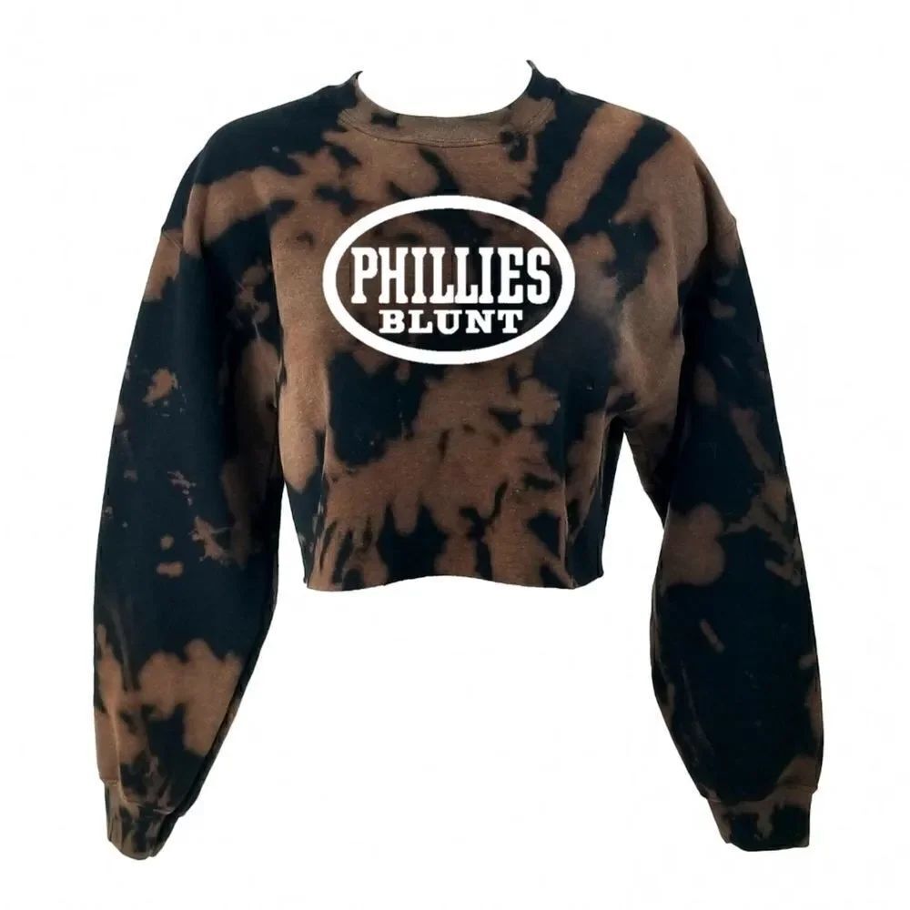 PHILLIES BLUNT Rock Acid Wash "Cropped" Crop Top Long Sleeve Crewneck Sweatshirt